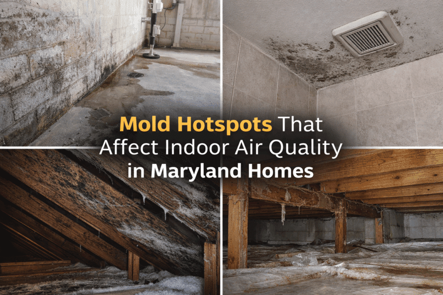 Basement foundation wall showing moisture staining and damp concrete floor