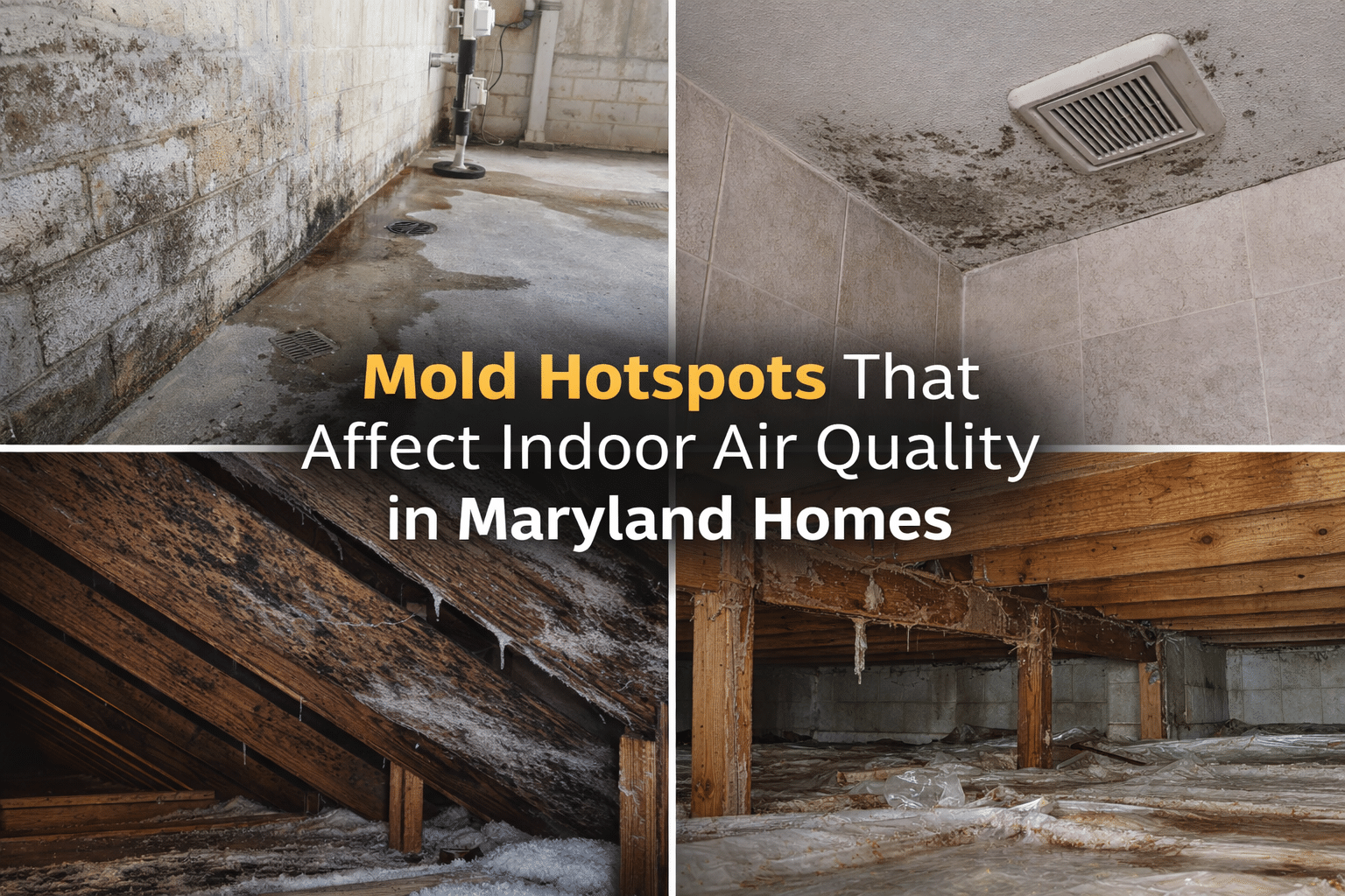 Basement foundation wall showing moisture staining and damp concrete floor