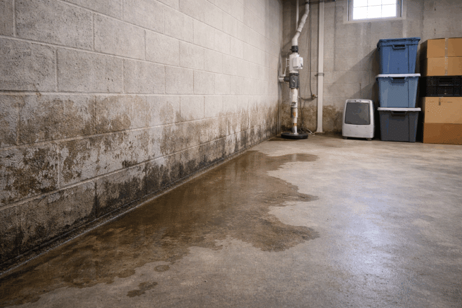 Light moisture staining and damp concrete floor in a residential basement