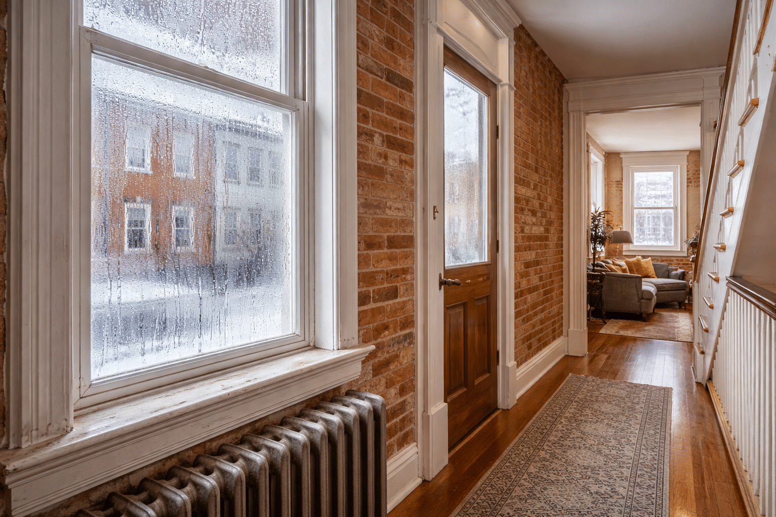 Interior of older Baltimore rowhome showing window condensation and brick walls during winter
