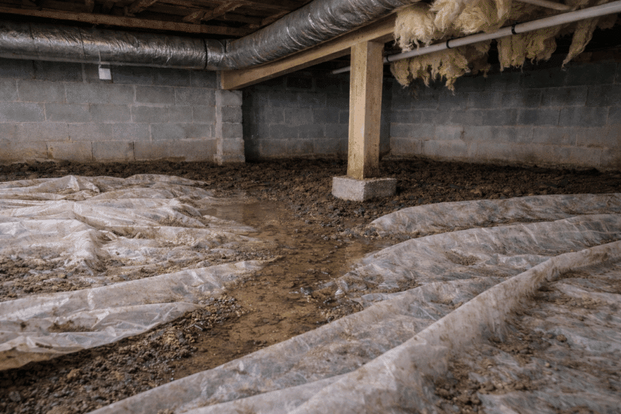 Crawlspace beneath Maryland home showing vapor barrier and minor moisture conditions
