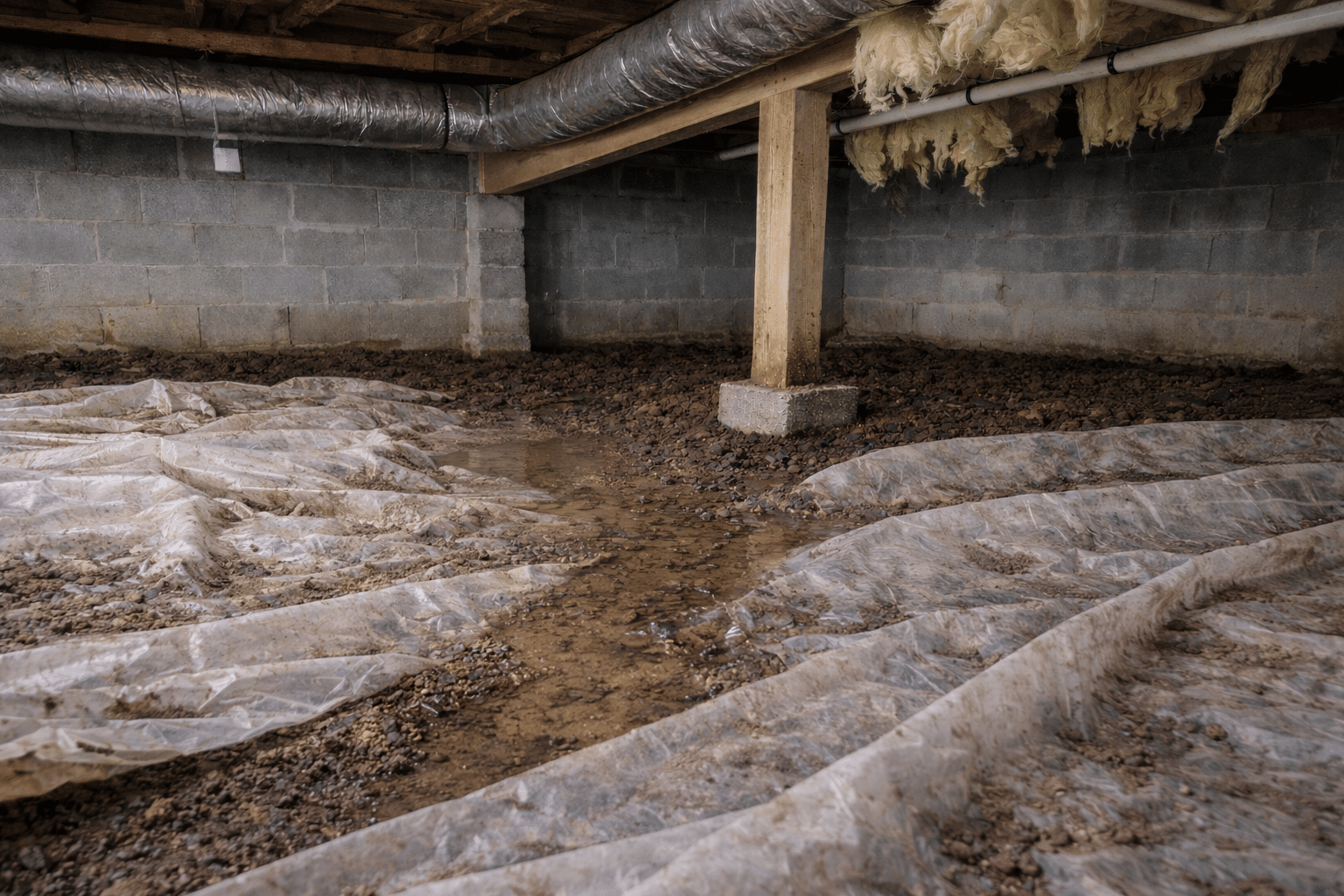 Crawlspace beneath Maryland home showing vapor barrier and minor moisture conditions