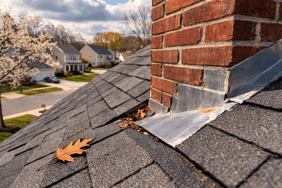 Examining roof flashing and shingles on a Maryland home during an early spring inspection