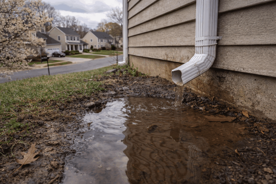 Standing water near a home foundation where a downspout drains after winter showing grading and drainage conditions during a spring inspection