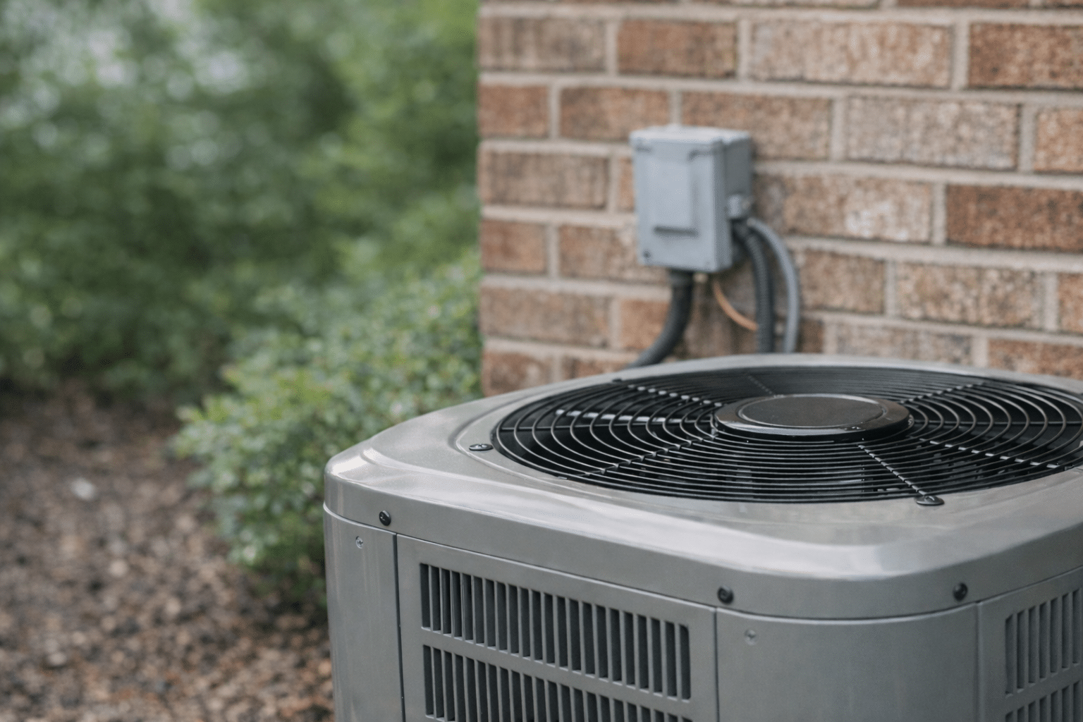 Outdoor air conditioning unit next to a home during a spring HVAC inspection in Maryland