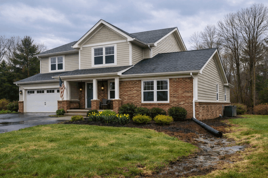 Two story Maryland home in early spring with visible grading and roof exterior during overcast conditions