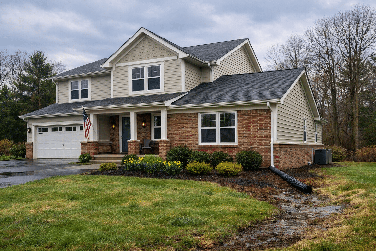 Two story Maryland home in early spring with visible grading and roof exterior during overcast conditions