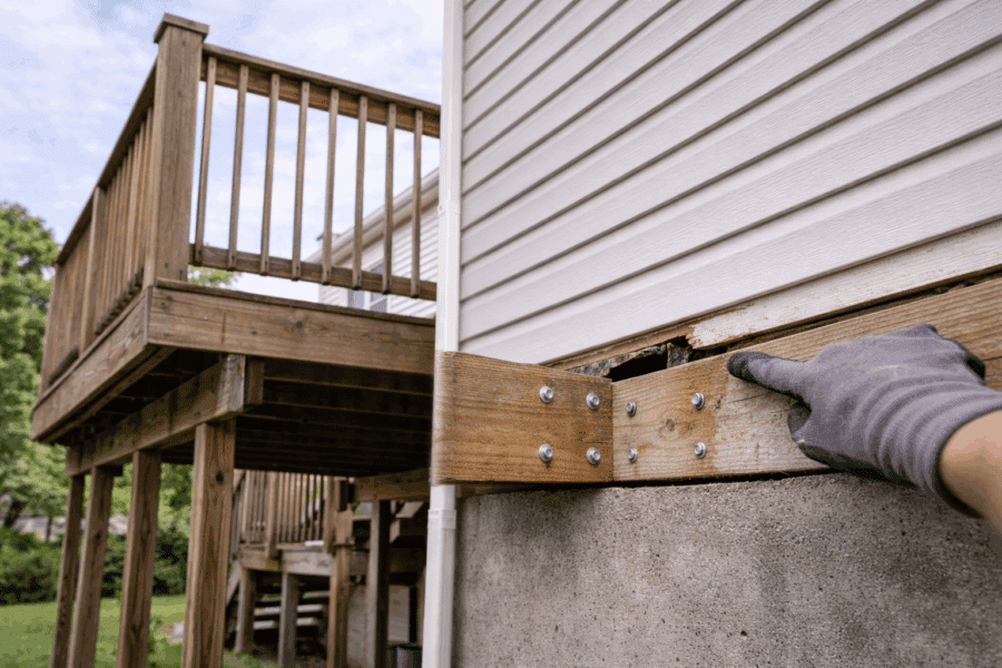 Exterior deck attached to a home showing ledger board connection during a Maryland home inspection
