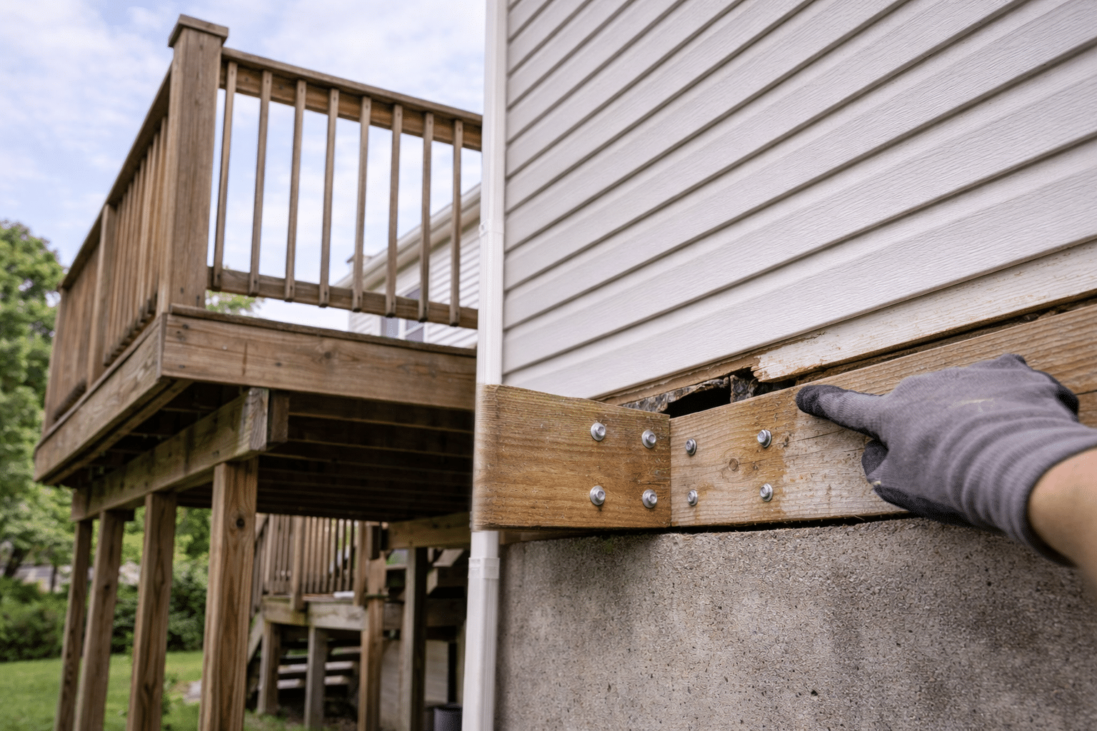 Exterior deck attached to a home showing ledger board connection during a Maryland home inspection