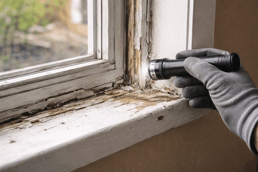 Close up of deteriorated window frame with cracked caulking and visible air gaps in an older home