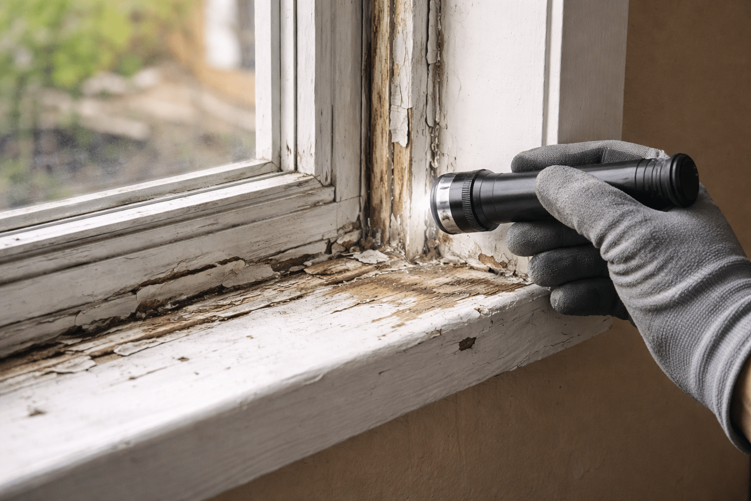 Close up of deteriorated window frame with cracked caulking and visible air gaps in an older home