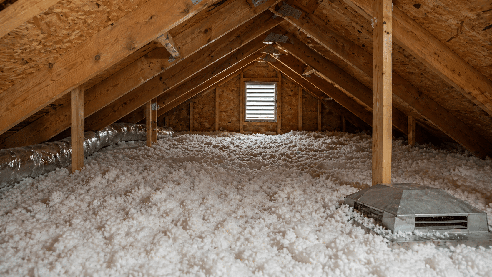 Attic interior showing insulation coverage and roof ventilation components during a home inspection