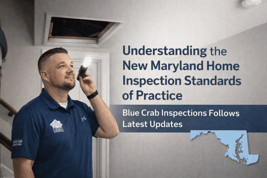 Home inspector evaluating attic access as part of a Maryland home inspection following updated standards
