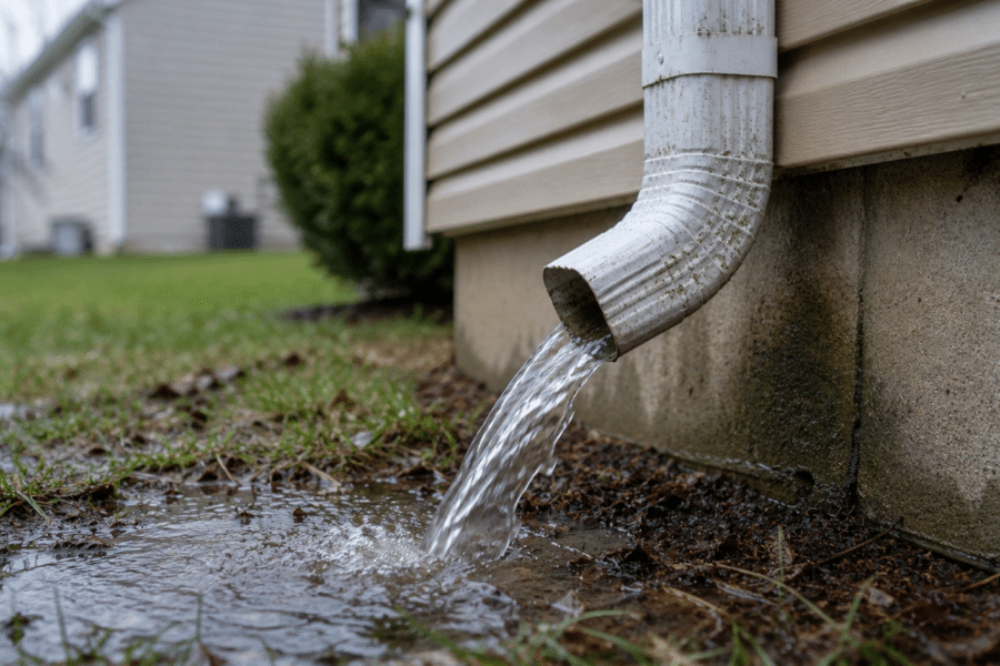 Downspout discharging water directly near the foundation causing pooling and drainage concerns