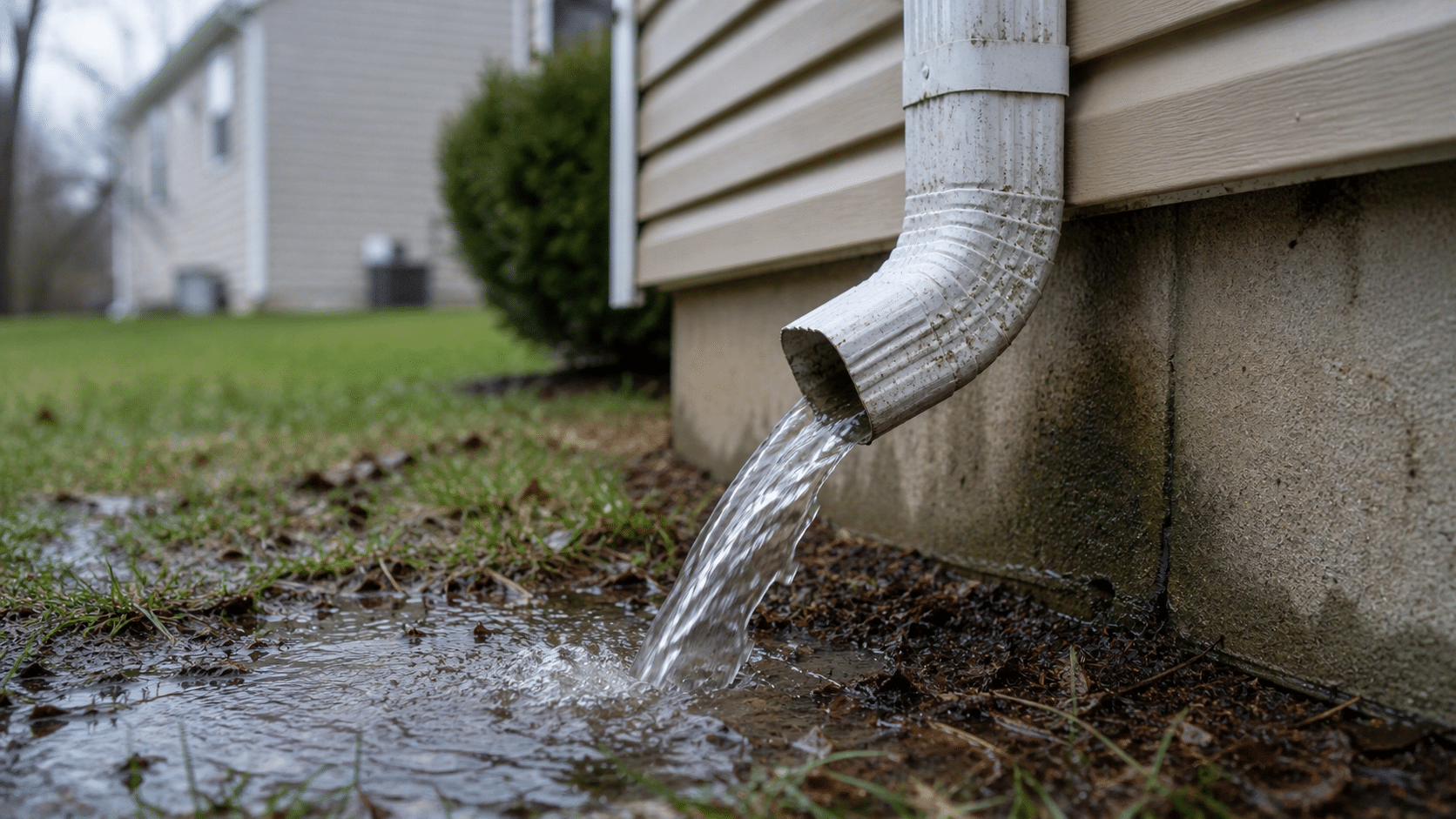 Downspout discharging water directly near the foundation causing pooling and drainage concerns