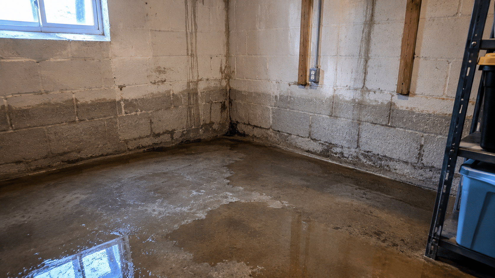 Basement corner with visible water pooling and wall staining indicating moisture intrusion after heavy rain