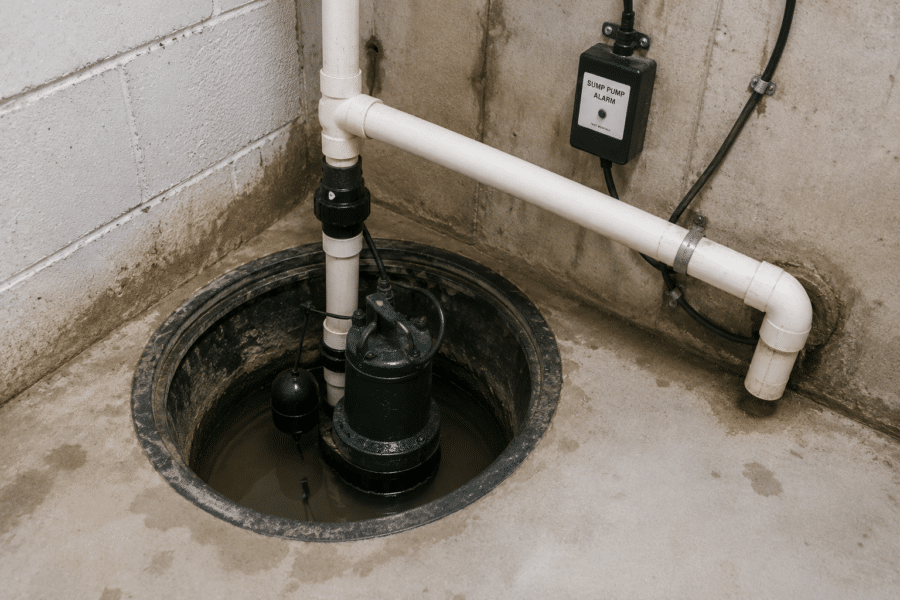 Basement sump pump system installed in sump pit with visible discharge piping and moisture control components