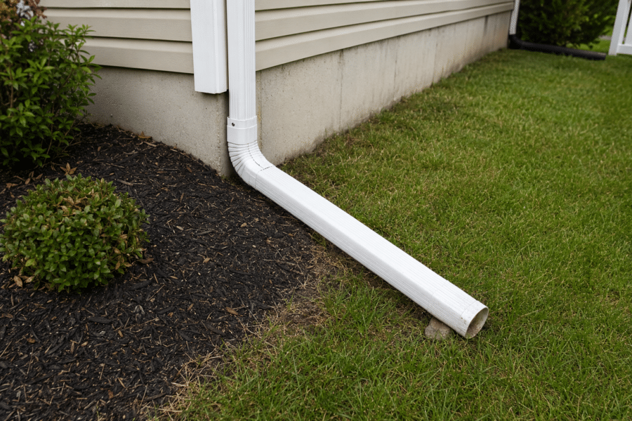Downspout extension directing roof runoff away from the home foundation for improved exterior drainage