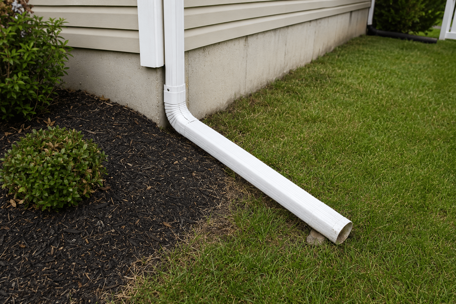 Downspout extension directing roof runoff away from the home foundation for improved exterior drainage