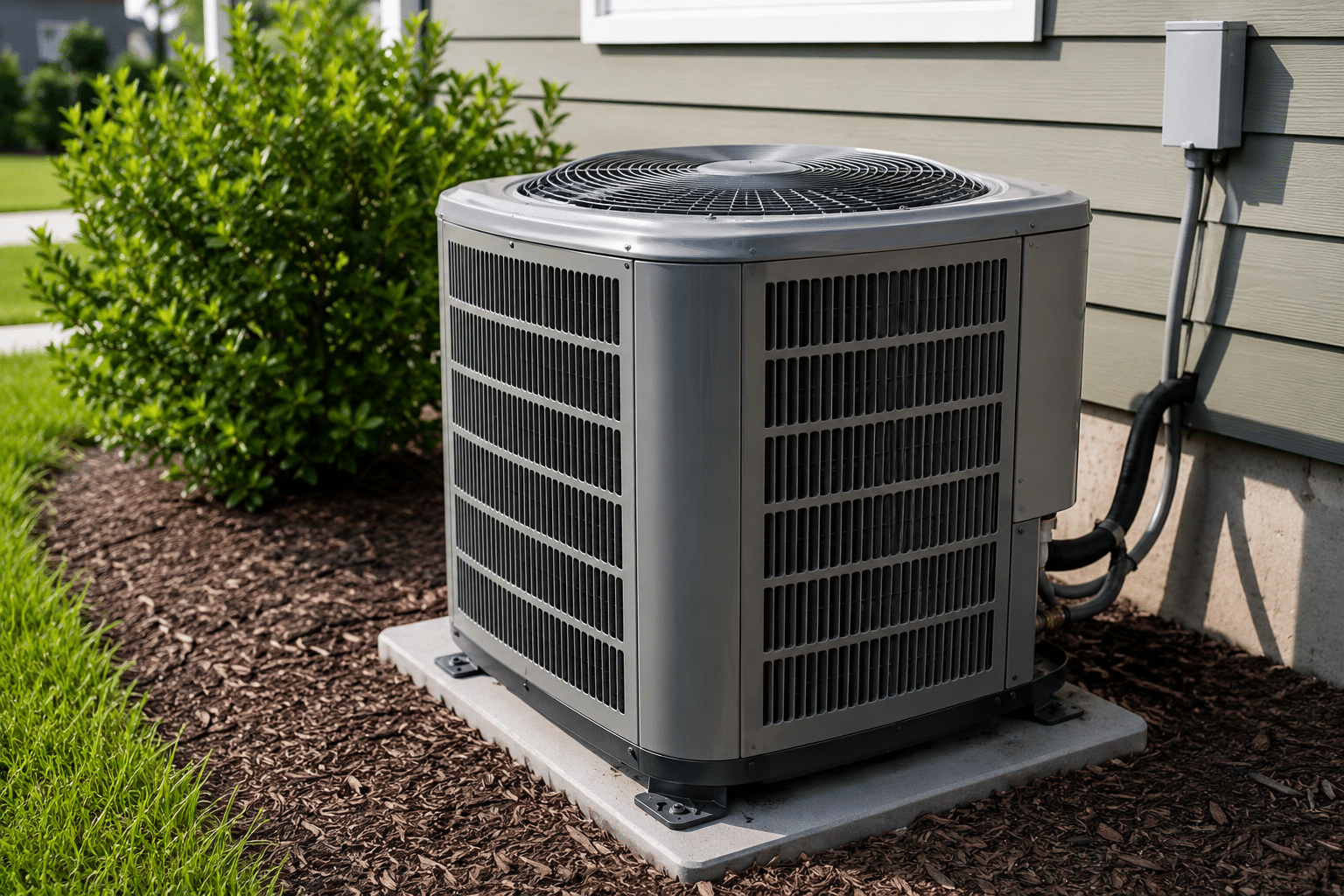 Residential air conditioning condenser unit operating outside a home during a cooling system inspection