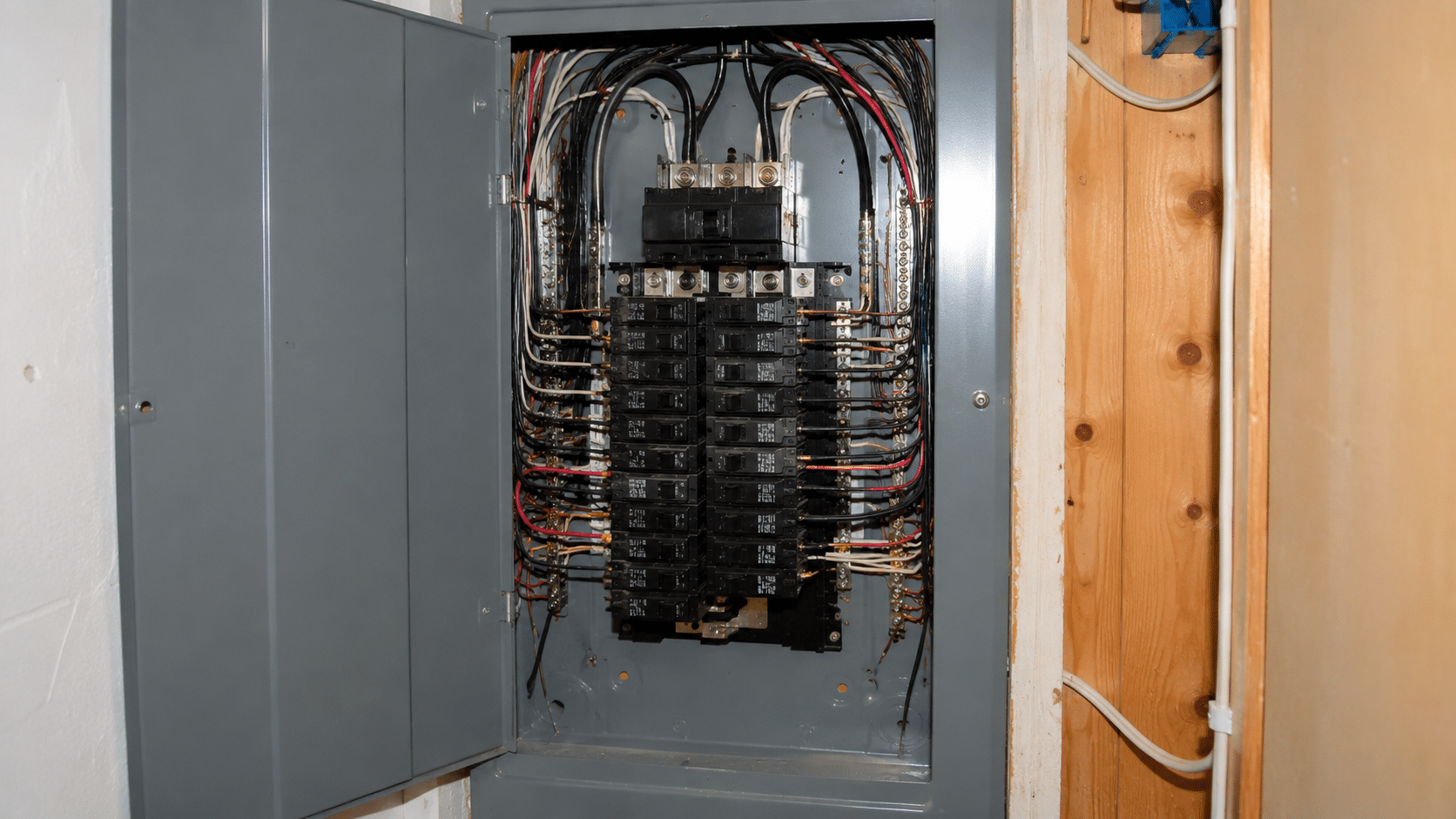 Open residential electrical panel showing circuit breakers and branch wiring during a home inspection