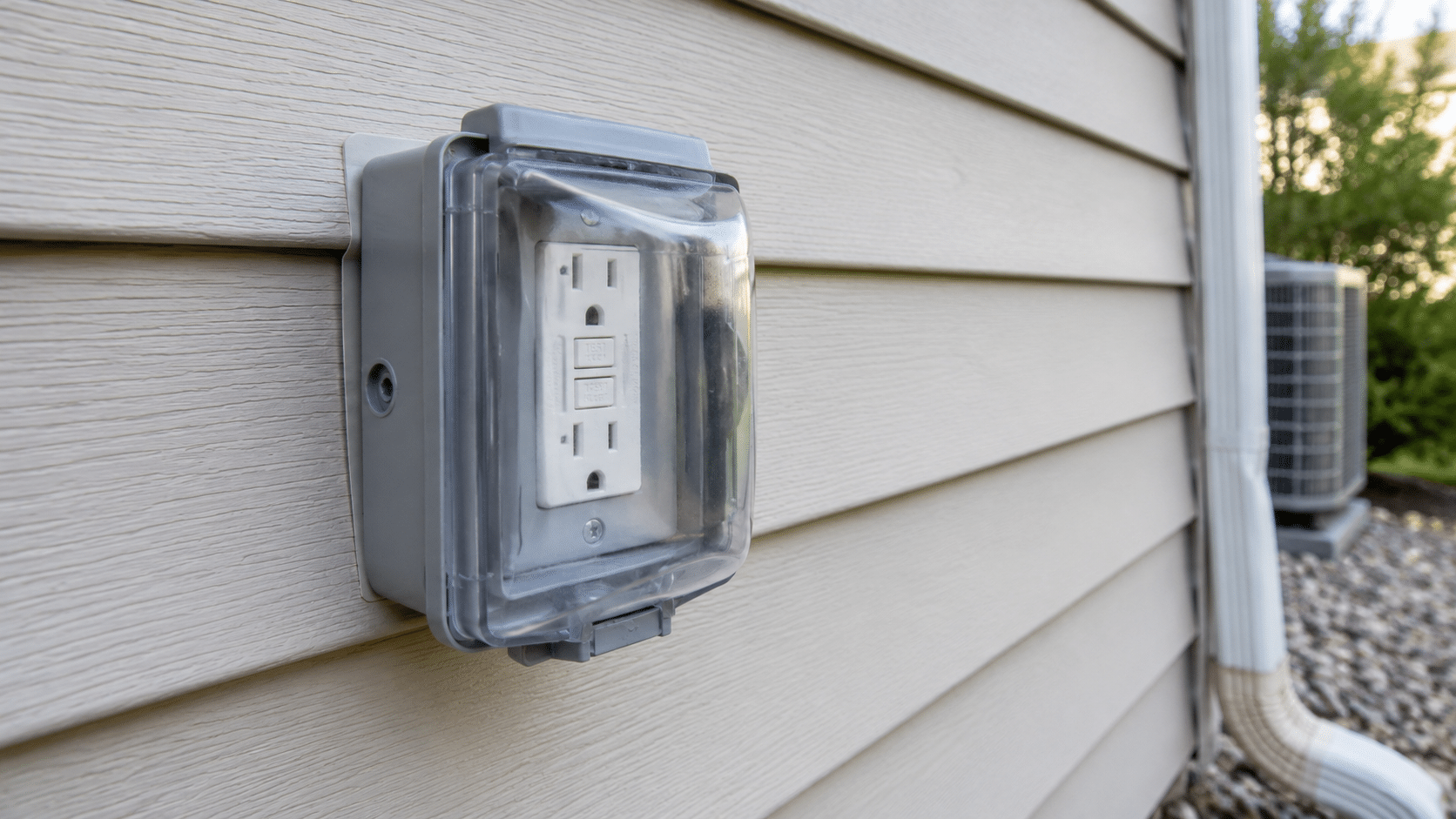 Exterior GFCI receptacle with an in-use weatherproof cover mounted on residential siding