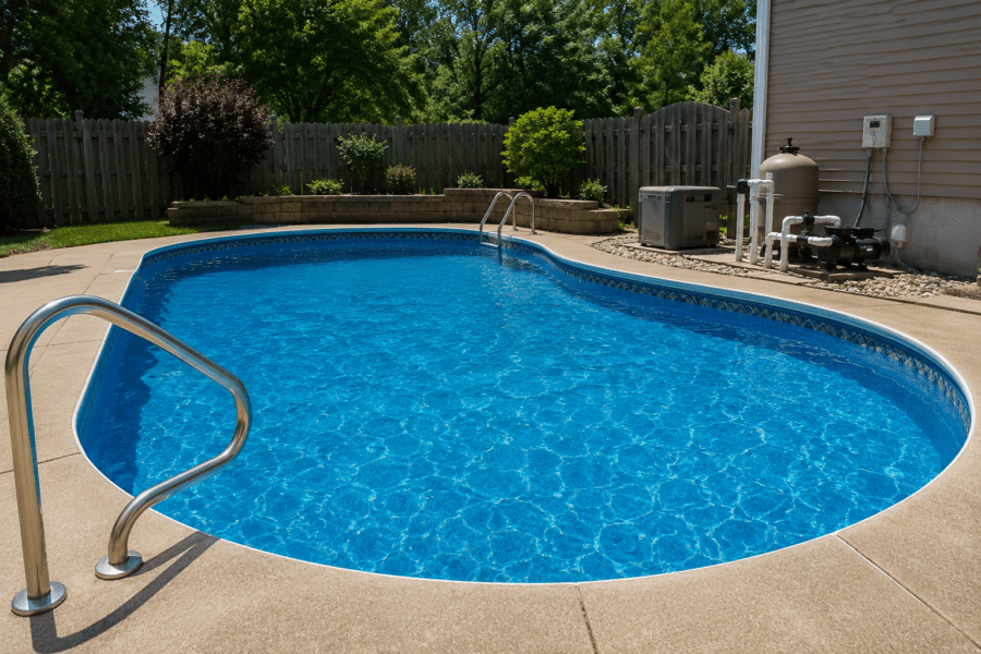 Residential in-ground swimming pool with surrounding deck and visible circulation equipment