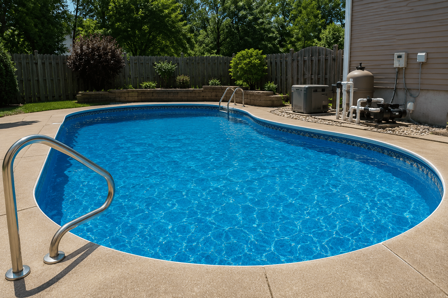 Residential in-ground swimming pool with surrounding deck and visible circulation equipment