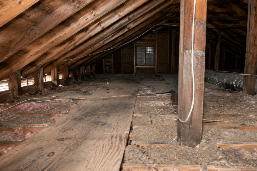 Residential attic with exposed rafters, aged insulation, and visible roof ventilation during a home inspection