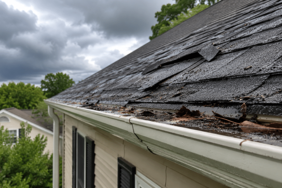 Asphalt shingle roof and gutter with visible storm damage and debris after a summer thunderstorm