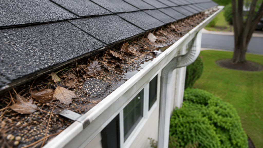 Clogged residential gutter filled with leaves, roof granules, and standing water after a summer storm