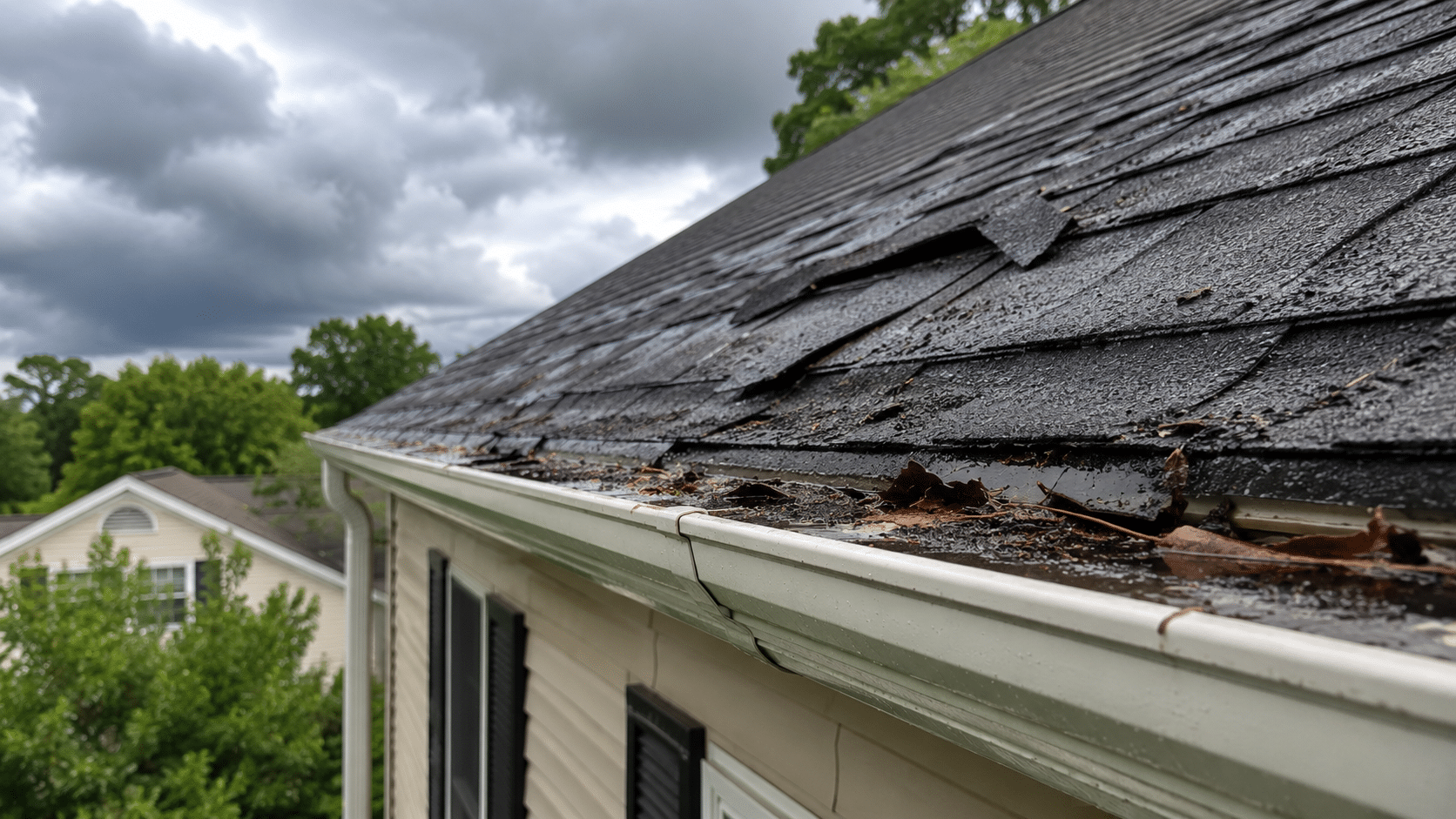 Asphalt shingle roof and gutter with visible storm damage and debris after a summer thunderstorm