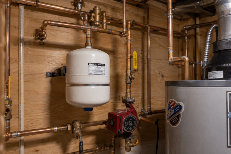 Residential plumbing system with visible supply piping, shutoff valves, and water heater connections in a Maryland home