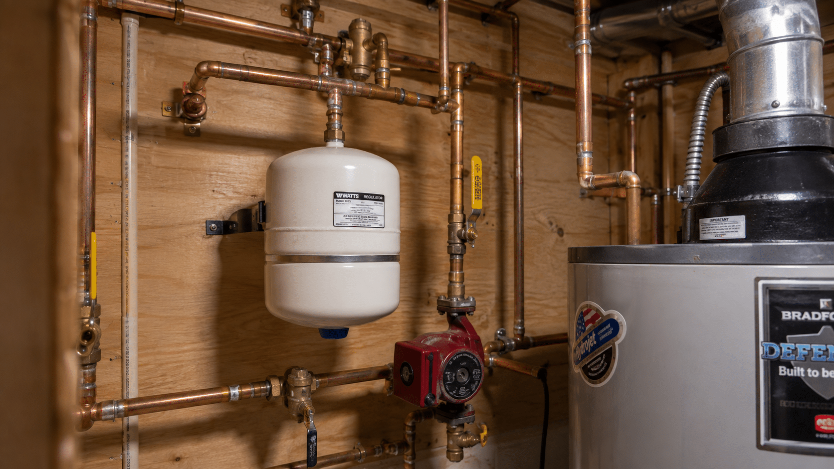 Residential plumbing system with visible supply piping, shutoff valves, and water heater connections in a Maryland home