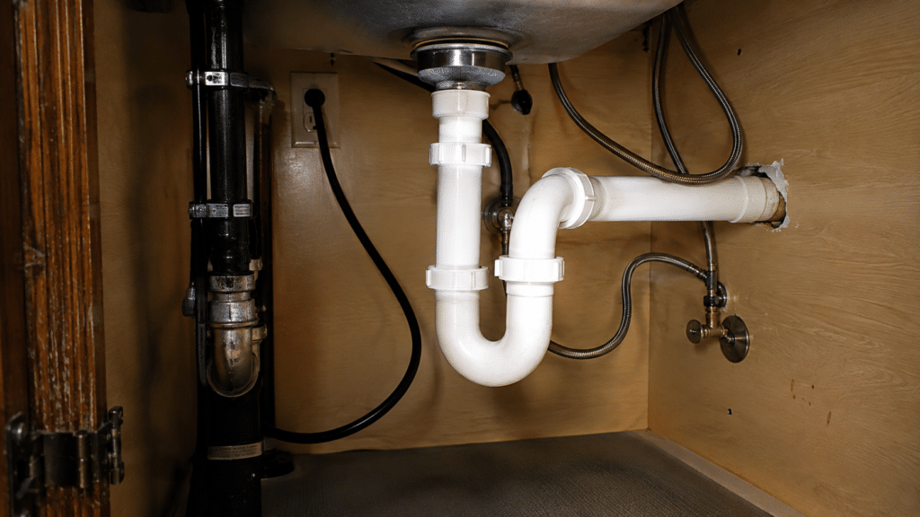 Under-sink plumbing with P-trap, supply lines, shutoff valve, and drain connections in a residential kitchen