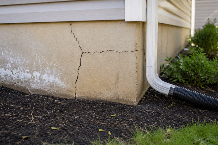Residential home foundation with visible cracks, efflorescence, and a downspout extension along the exterior wall