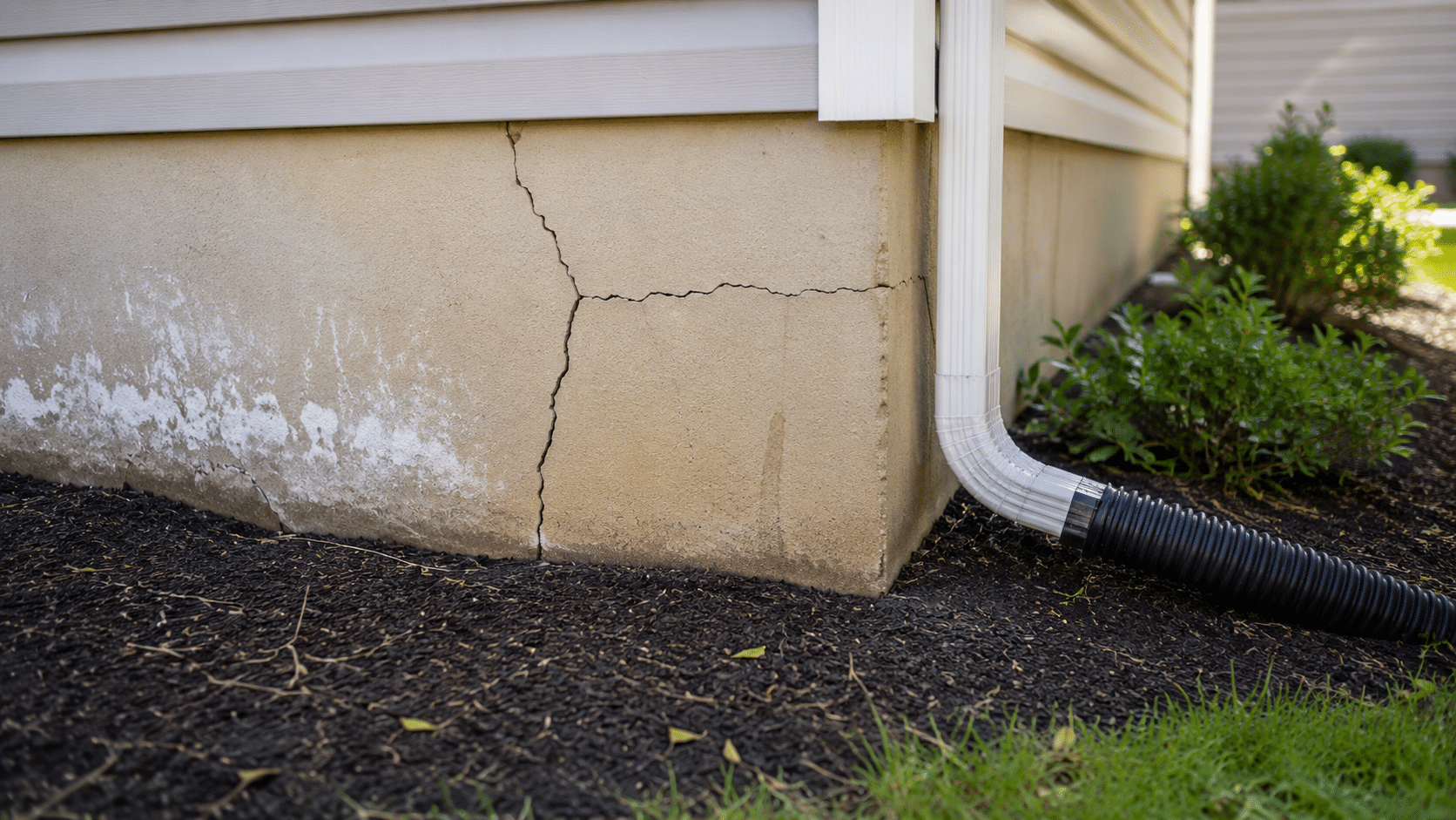 Residential home foundation with visible cracks, efflorescence, and a downspout extension along the exterior wall