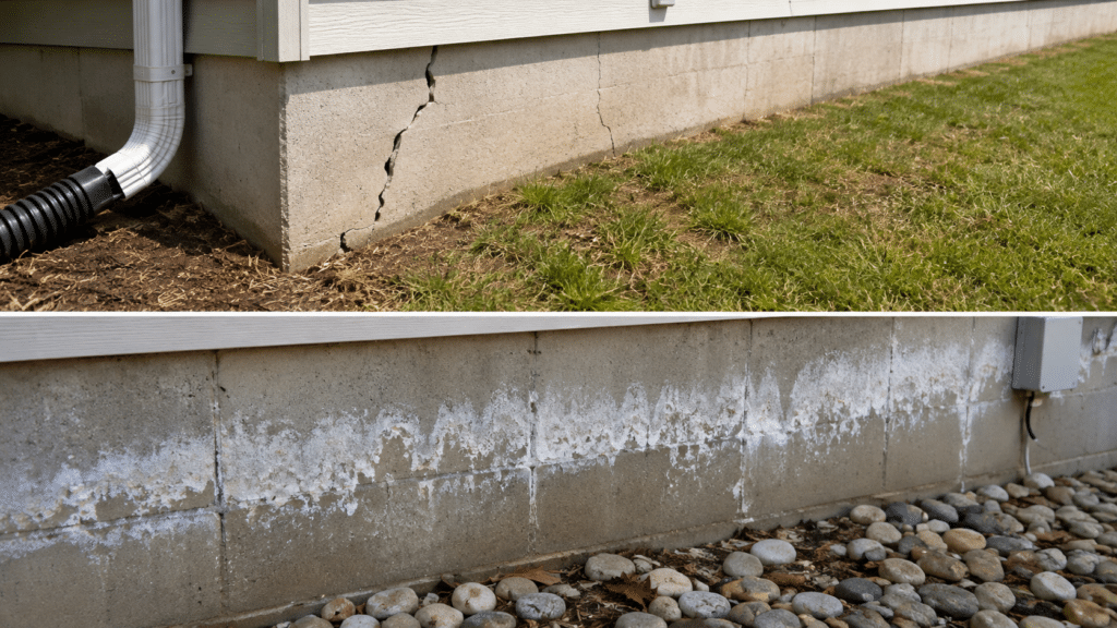 White efflorescence deposits visible on a concrete foundation wall of a residential home