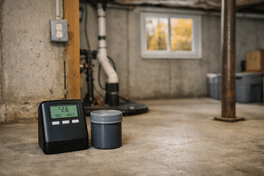 Digital radon monitor and charcoal canister placed on the concrete floor of a Maryland basement near a sump pump, with closed window and autumn foliage outside