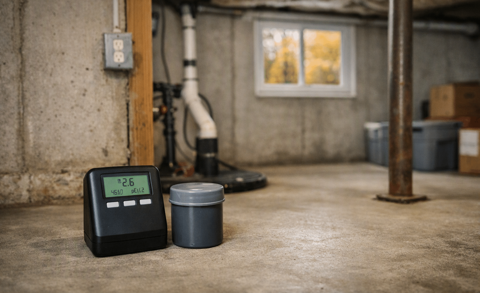Digital radon monitor and charcoal canister placed on the concrete floor of a Maryland basement near a sump pump, with closed window and autumn foliage outside