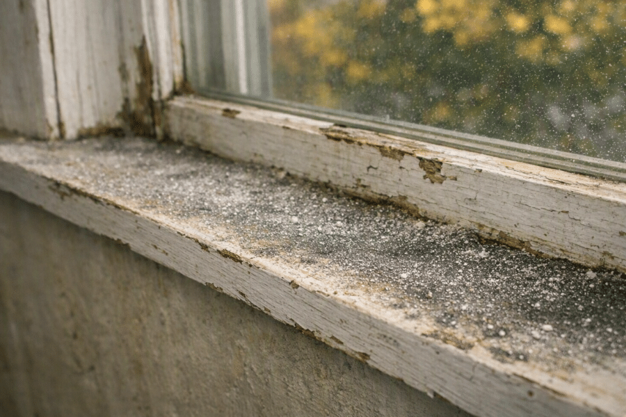 Close-up of an old windowsill in a Maryland home with peeling paint and visible lead dust particles settled on the surface, autumn foliage blurred outside the window