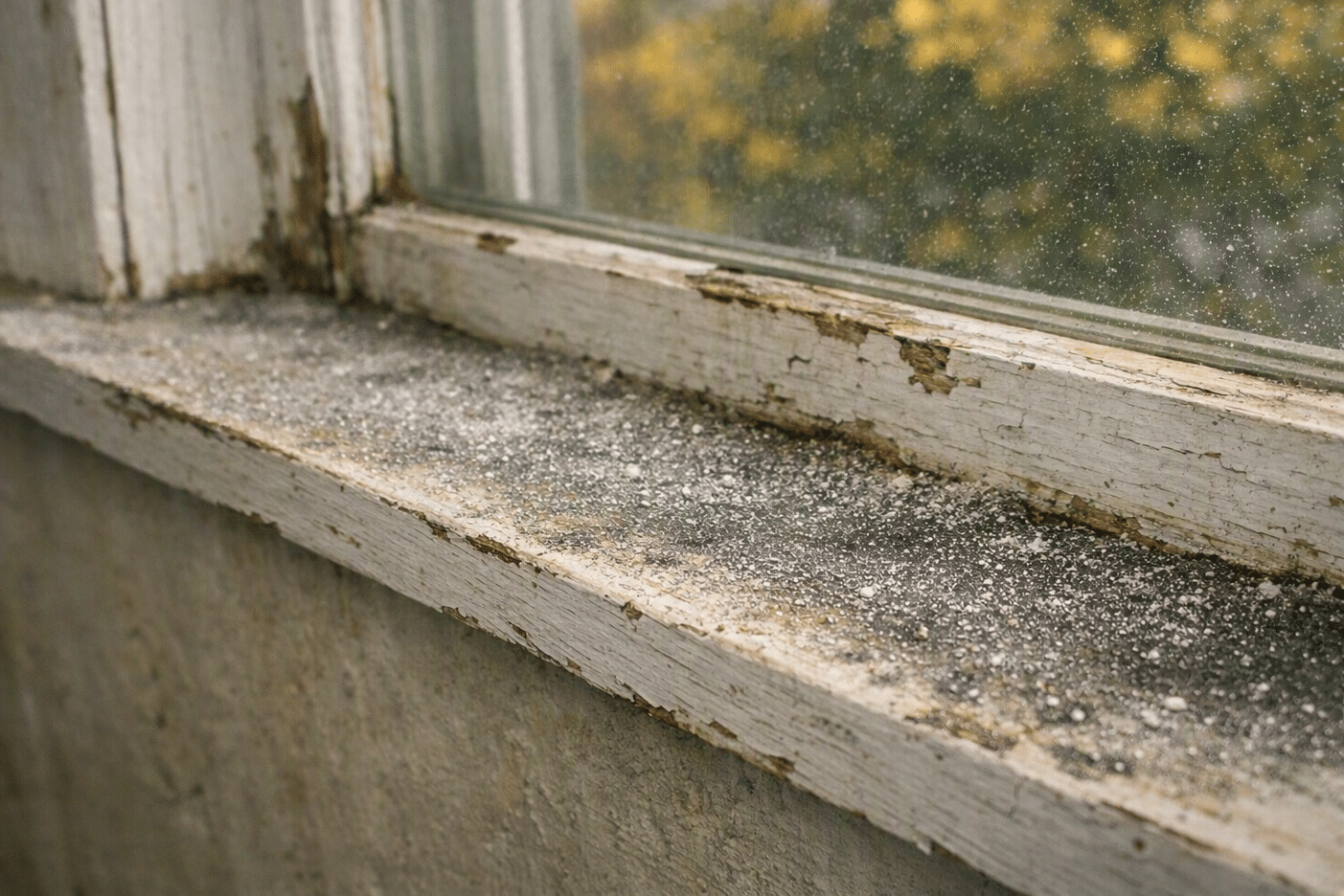 Close-up of an old windowsill in a Maryland home with peeling paint and visible lead dust particles settled on the surface, autumn foliage blurred outside the window
